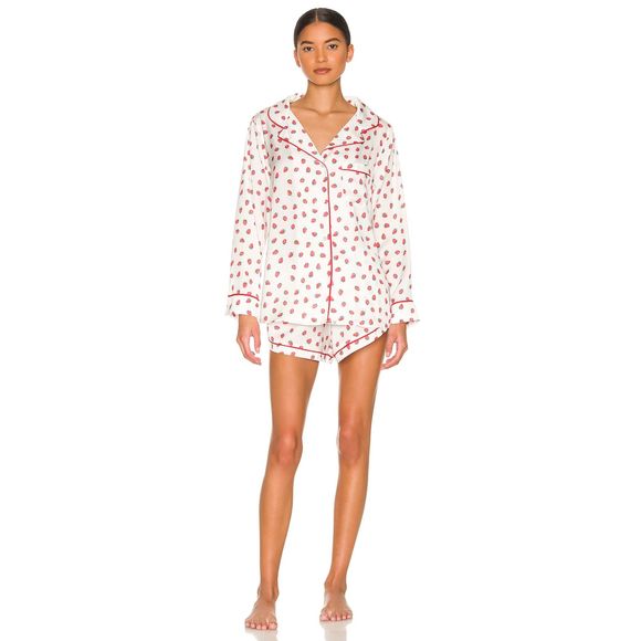 NWT/Bag Revolve Plush Silk PJ Set With Eye Mask White Red Strawberries SIZE: S - Picture 1 of 6